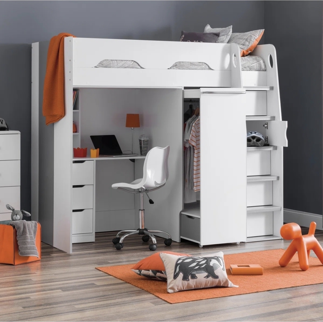 Oak & Aura's Single (3') 4 Drawer Bed Frames High Sleeper Loft Bed with Built-in-Desk