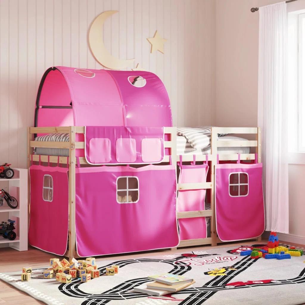 Oak & Aura Bunk Bed With Curtains (90 x 200cm) Solid Wood